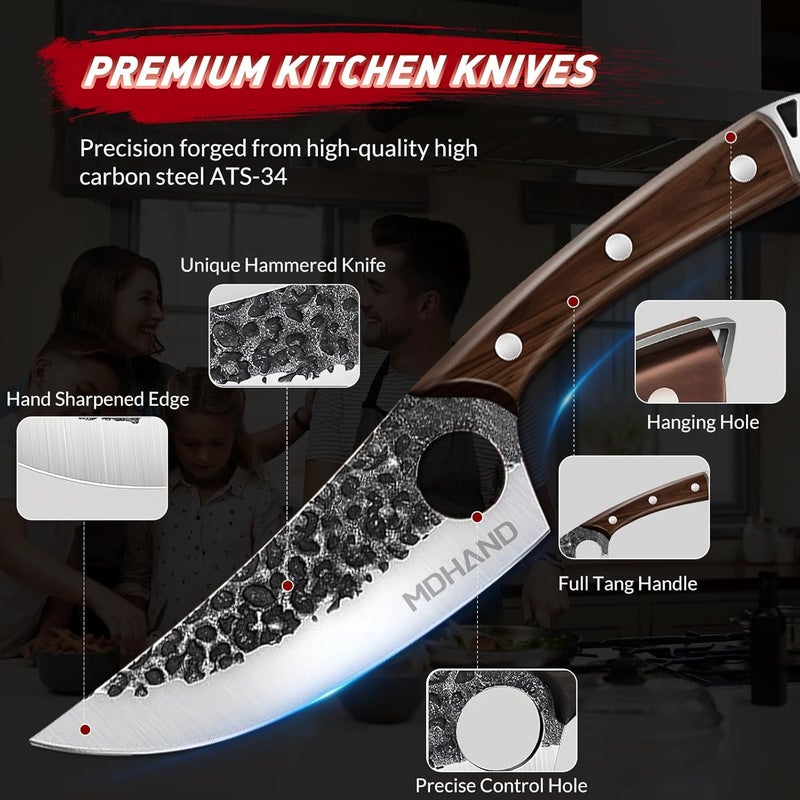MDHAND Butcher Knife Set, 13PCS Hand Forged Serbian Chef Knife Set with Bag, Full Tang Kitchen Knife Sets with High Carbon Steel, Meat Cleaver Butcher Boning Knife for Brisket Trimming, Gift for Men - Image 3